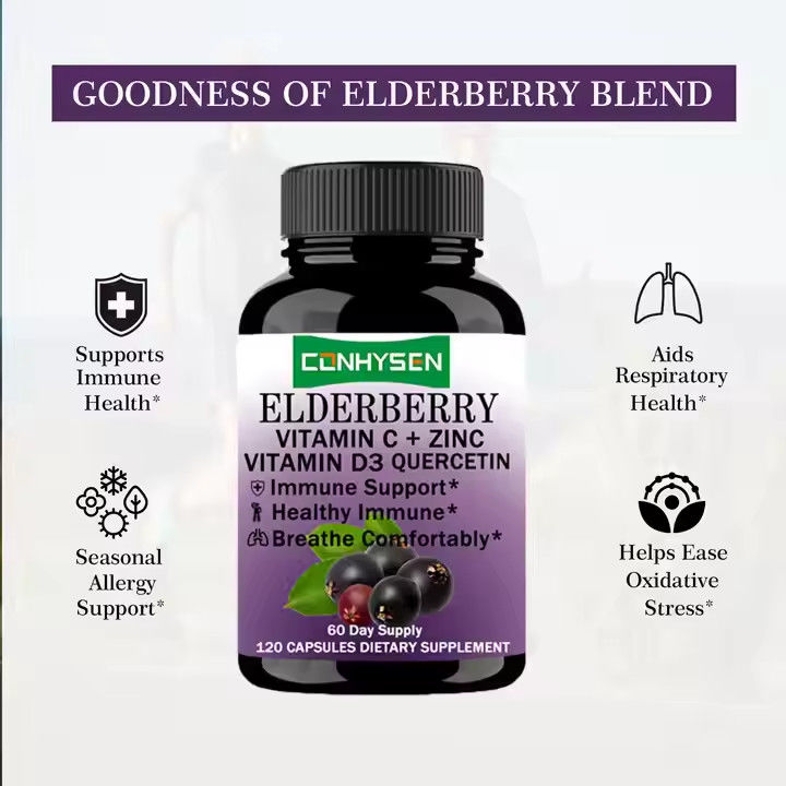 Yetişkinler için C Vitamini D3 Çinko Quercetin İçin Elderberry Kapsülleri Bağışıklık Destek