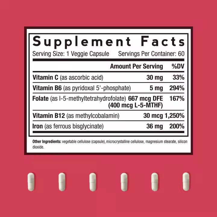 Vitaminli Demir Kapsülleri Takviye Destek Kırmızı Kan Hücreleri 60 Kapsül