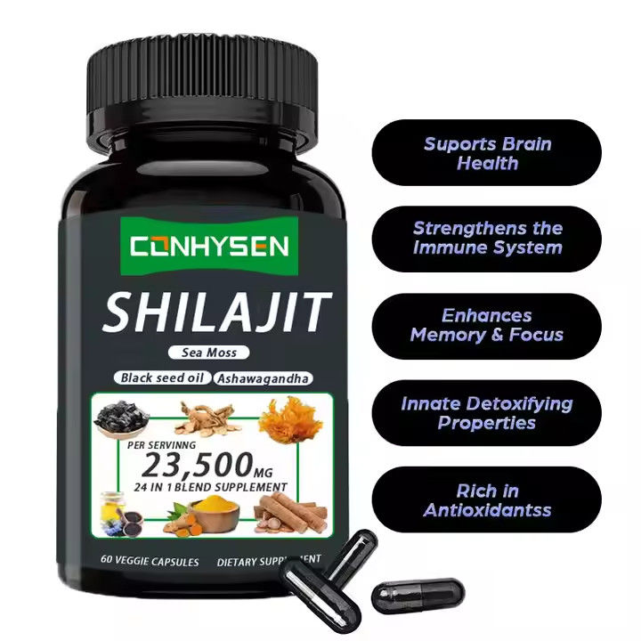 OEM Himalayan Shilajit Kapsülleri Fulvik Asit Mineraller Deniz Moose Asit Doğal karışım Enerjiyi Artırır