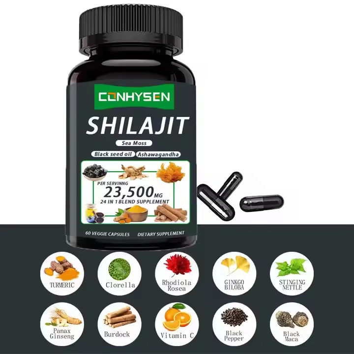 OEM Himalayan Shilajit Kapsülleri Fulvik Asit Mineraller Deniz Moose Asit Doğal karışım Enerjiyi Artırır