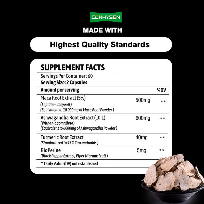 Fabrika Özelleştirmesi Maca Kökü Ashwagandha Kapsülleri Zerdeçal Kurkumin ile Hormonal Dengeyi Artırır