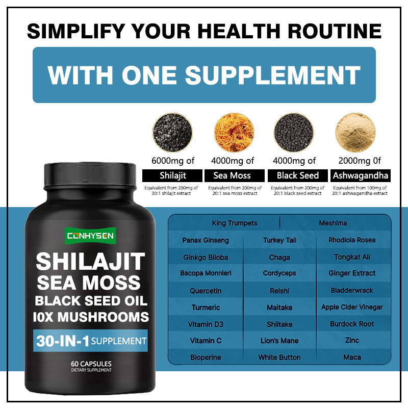 Deniz yosunu siyah tohum yağı ile Shilajit kapsülleri Bağışıklık desteği için beslenme takviyesi