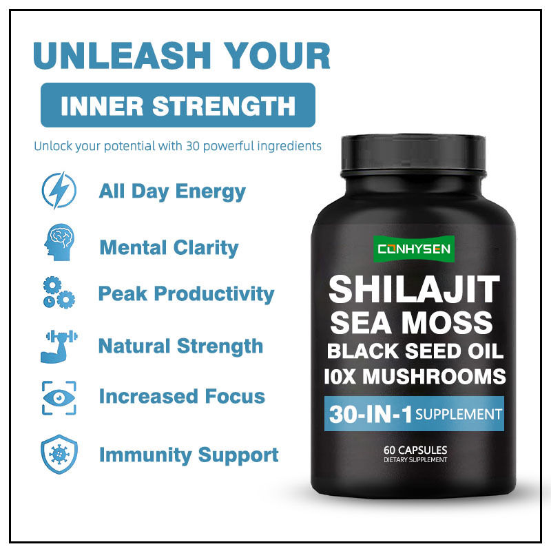 Deniz yosunu siyah tohum yağı ile Shilajit kapsülleri Bağışıklık desteği için beslenme takviyesi