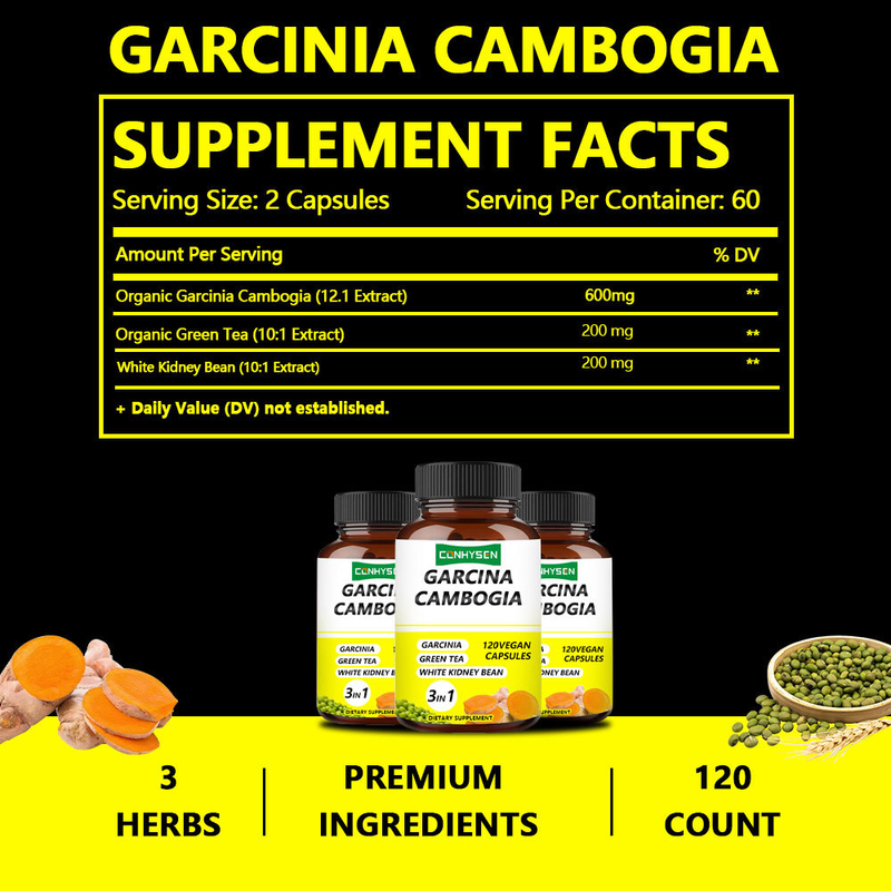 Fabrika Tedarikleri Garcinia Cambogia Kapsülleri 3-In-1 Premium Malzemeler Enerji Üretimini Artırır
