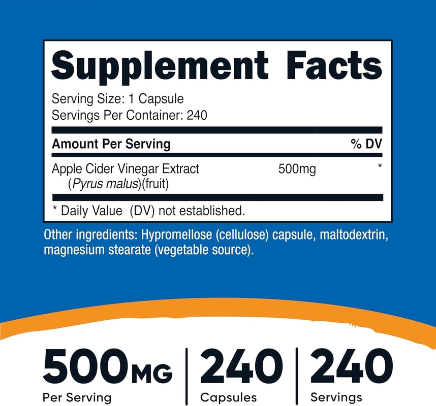 OEM Diyet Takviyesi Elma Baharatı Asit Kapsülleri 500mg 240 Vejetaryen Kapsülleri Doğal Vejetaryen GMP GDO olmayan Glutensiz