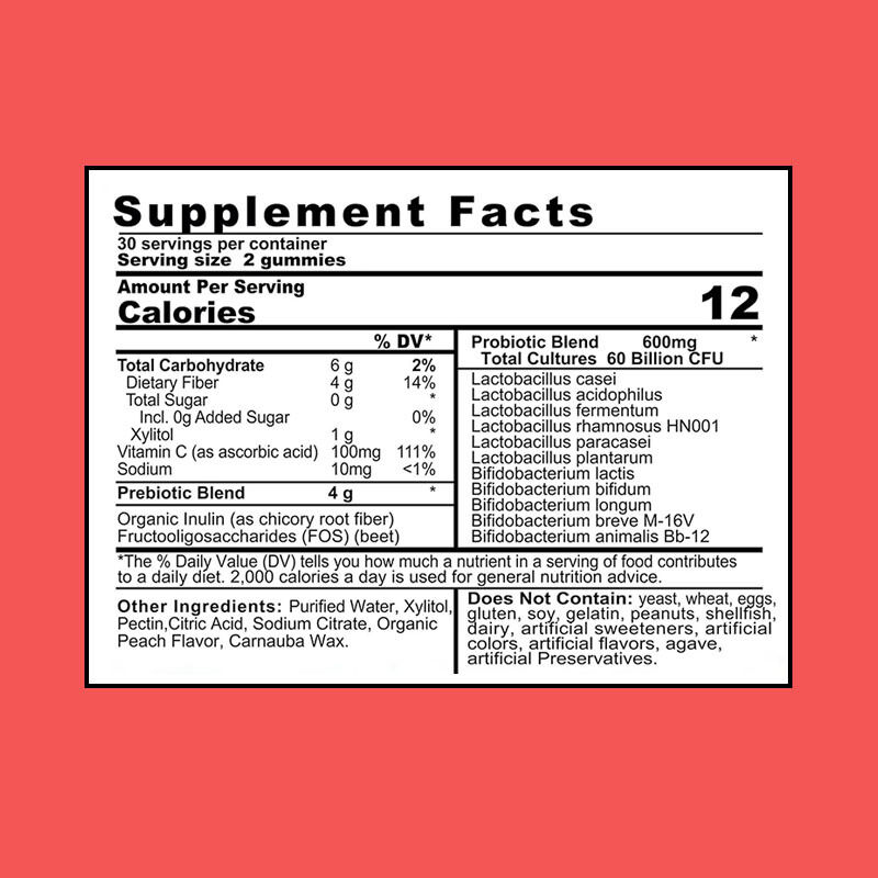 OEM/ODM 4g Prebiyotikler Probiyotikler Sakızlar 60 Milyar CFU Bağışıklık Gücü Bağırsak Sağlığını Artıran Antioksidan Özellikleri Yetişkinler