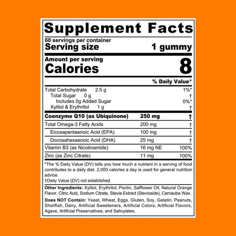 Vigo-COQ10-250mg Dolgulu Sakızlı Şekerler Artı Omega-3 Vitamin B3 & Çinko Koenzim Q10 Takviyeleri Kalp Sağlığı Hücresel Enerji İçin